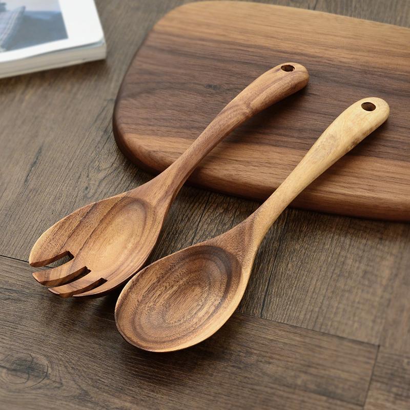 WoodenToss™ Salatbesteck Set – Rustikales Holz-Servierbesteck (2-teilig: Löffel & Gabel)