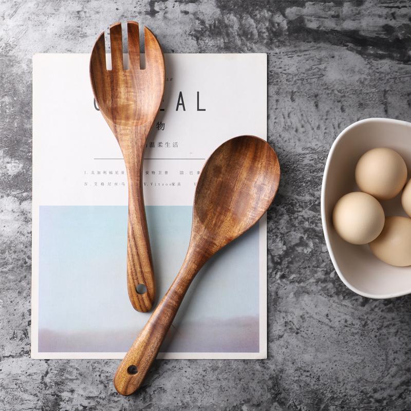 WoodenToss™ Salatbesteck Set – Rustikales Holz-Servierbesteck (2-teilig: Löffel & Gabel)