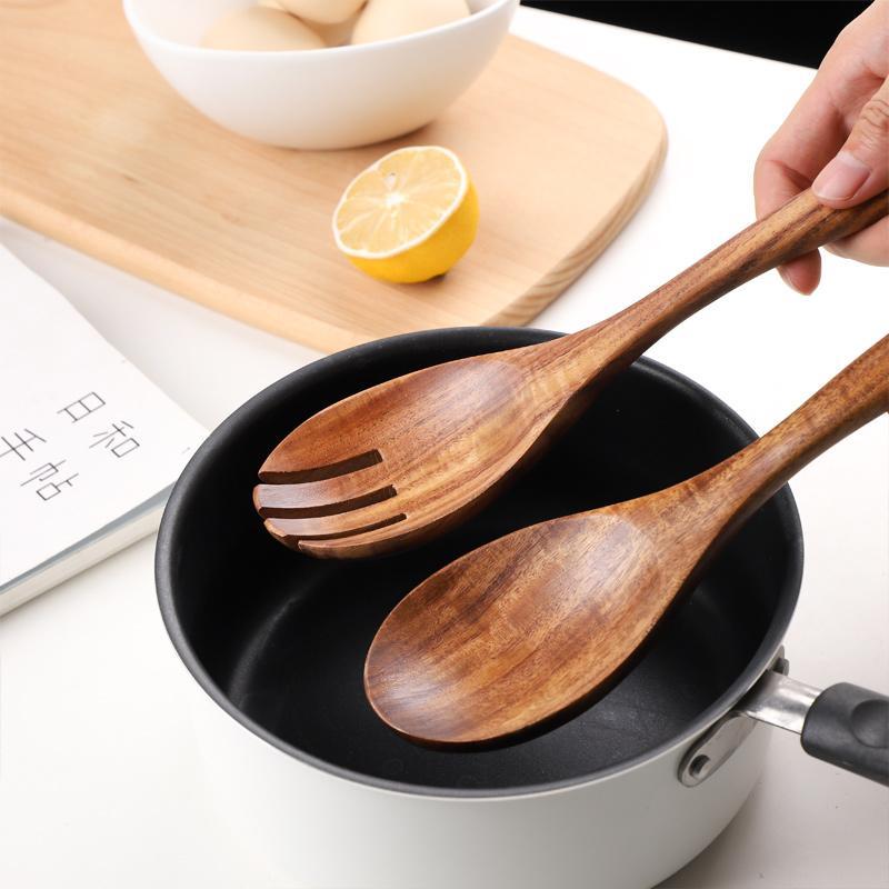 WoodenToss™ Salatbesteck Set – Rustikales Holz-Servierbesteck (2-teilig: Löffel & Gabel)