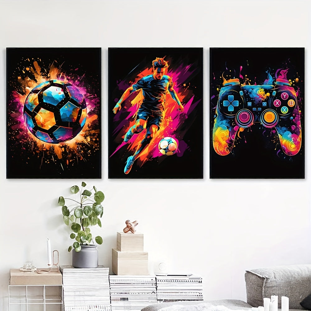 PixelPower™ Leinwand Poster Set – Modernes 3-teiliges Gaming & Fußball Wandbild (Canvas)