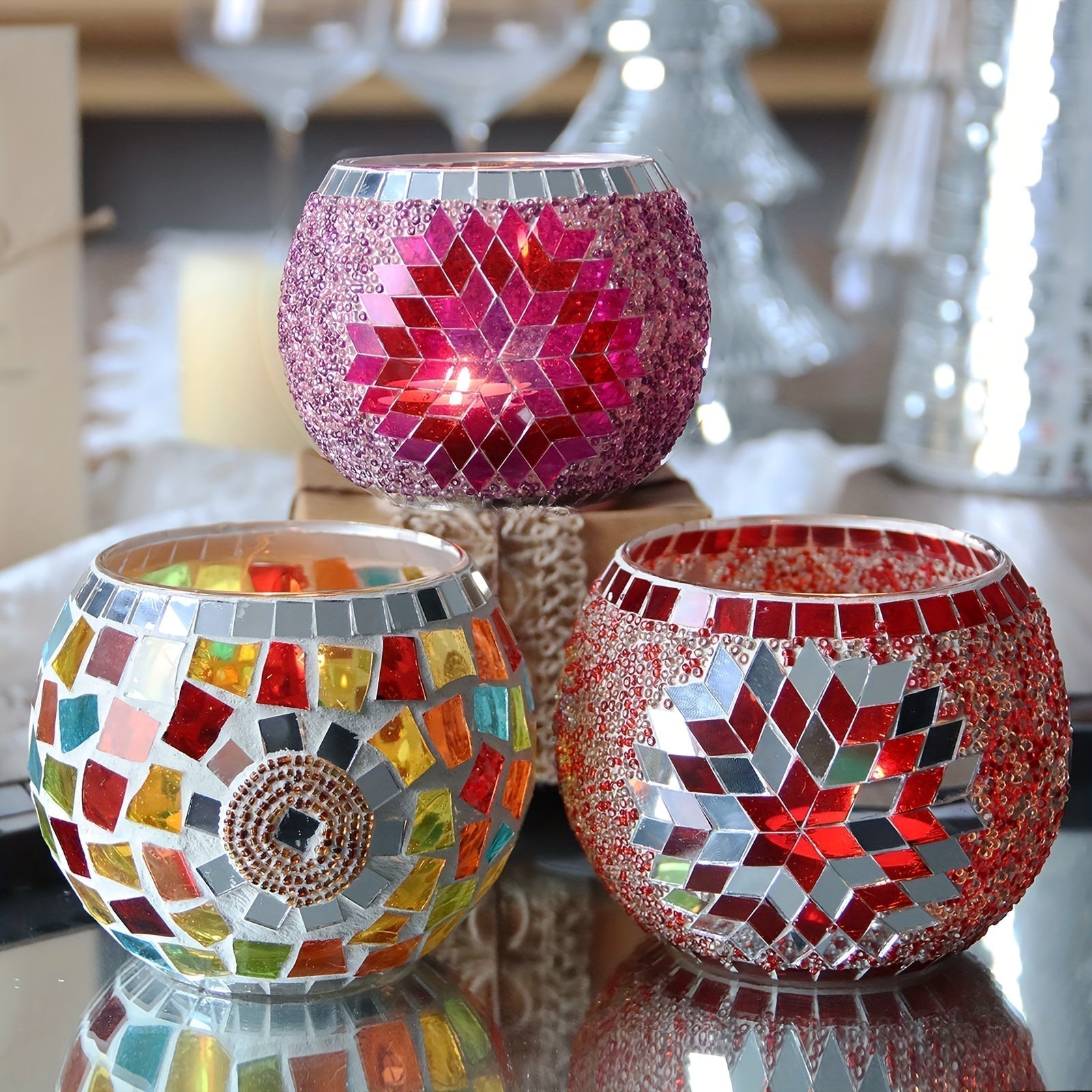 RadiantMosaic™ Teelichthalter Set – Handgefertigte Mosaik-Kerzenhalter aus Glas (3-teilig)