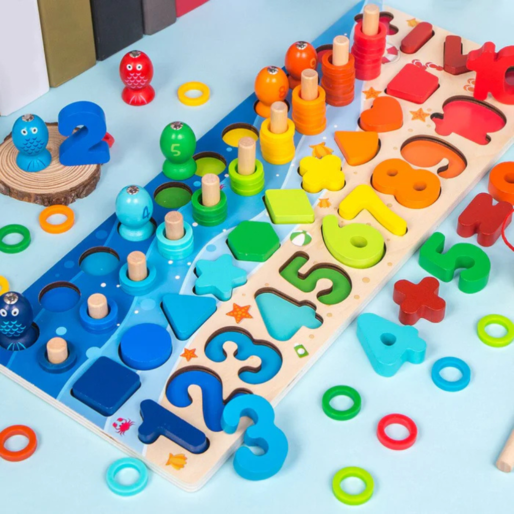 Beechwood Wonders™ Montessori Lernspiel – Holzpuzzle mit Zahlen, Formen & Magnet-Angelspiel