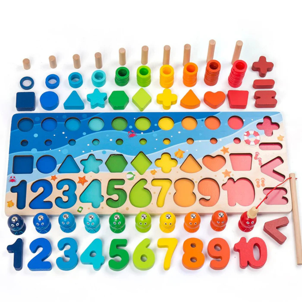 Beechwood Wonders™ Montessori Lernspiel – Holzpuzzle mit Zahlen, Formen & Magnet-Angelspiel