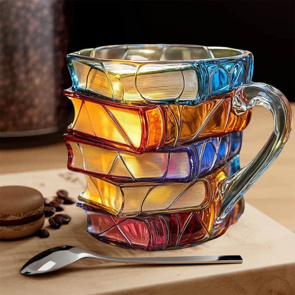 BiblioBrew™ – Glas-Kaffeetasse mit 3D-Buchdesign | Kreativer Becher für Buchliebhaber