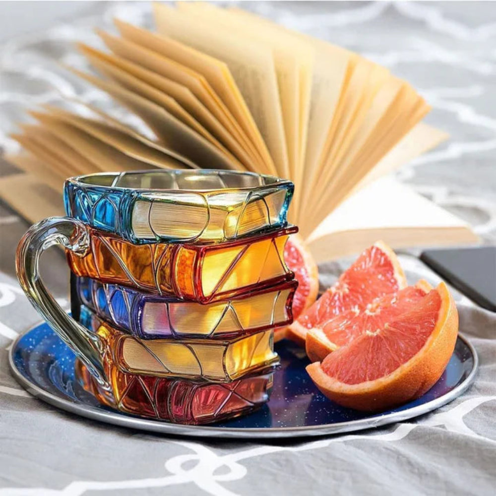 BiblioBrew™ – Glas-Kaffeetasse mit 3D-Buchdesign | Kreativer Becher für Buchliebhaber