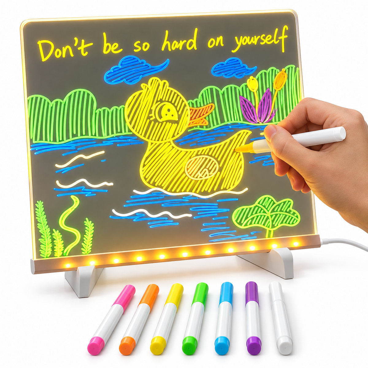 BrightScribe™ LED Memoboard – Leuchtendes Schreibtafel-Set mit 7-Farb-Marker, Acryl, 15×20 cm