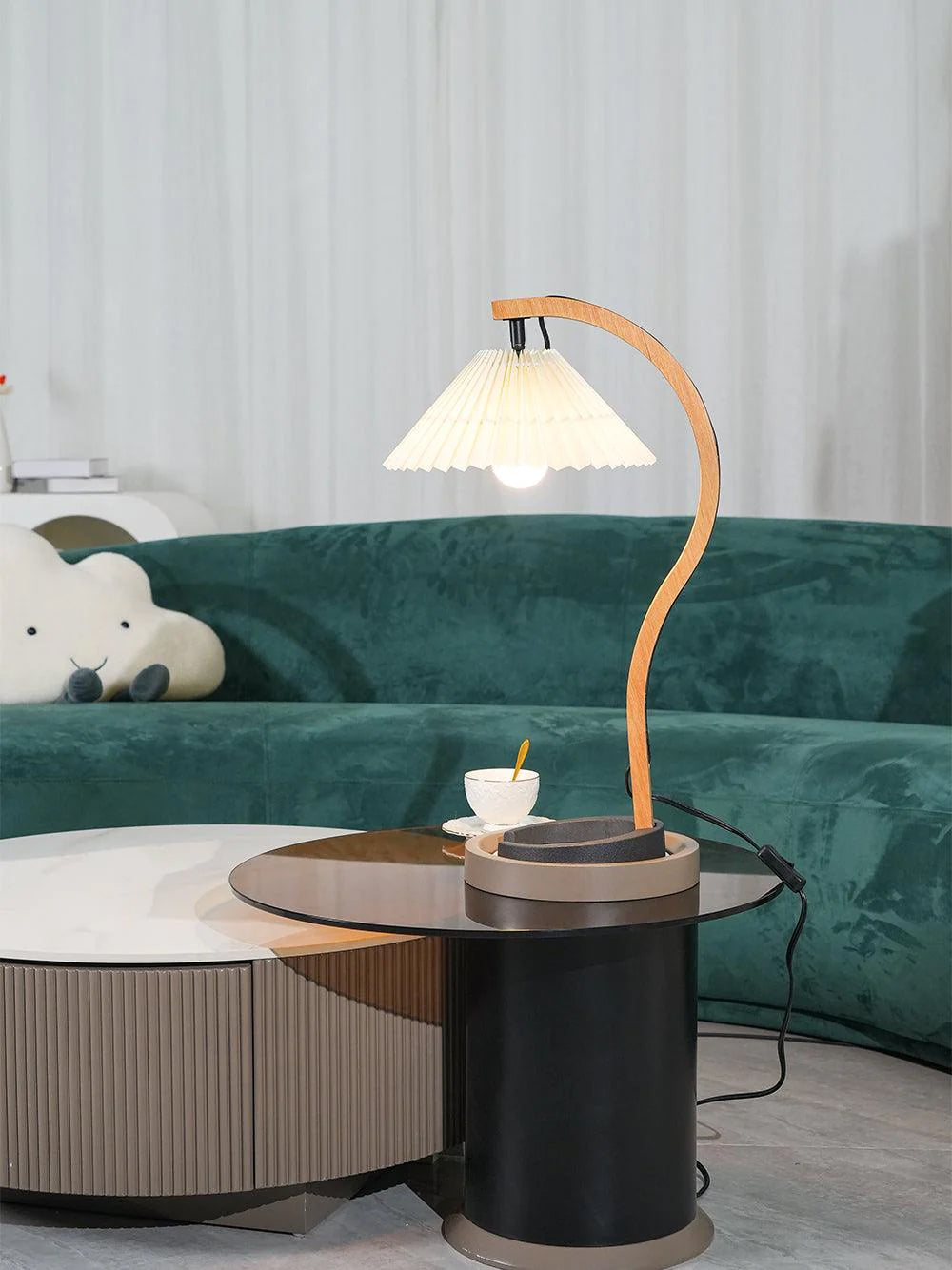 WoodFlow™ Tischlampe – Natürliche Holz-Designlampe mit Leinen-Schirm & warmem Licht