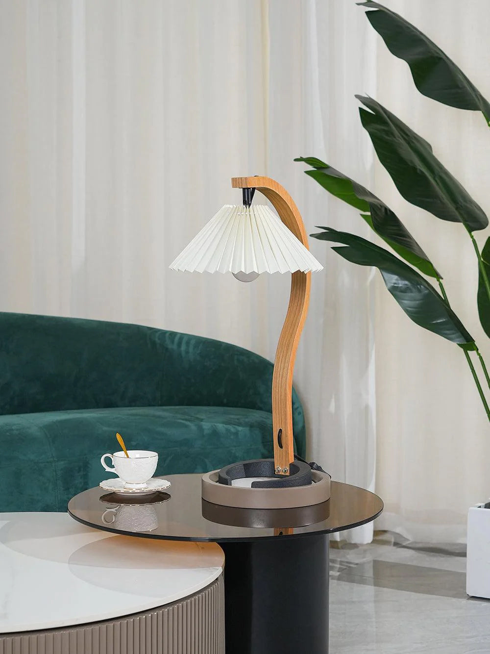 WoodFlow™ Tischlampe – Natürliche Holz-Designlampe mit Leinen-Schirm & warmem Licht