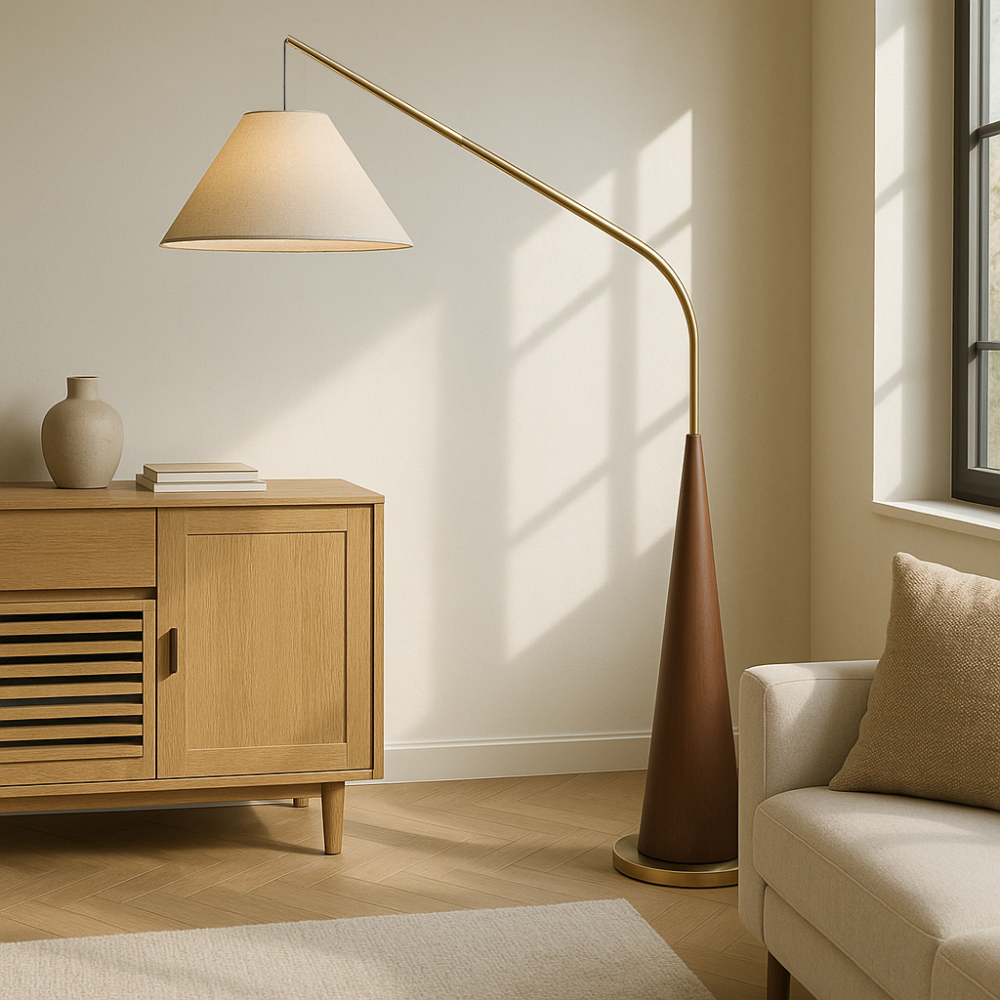 Lytor™ Wooden Arc Floor Lamp – Skandinavische Design-Stehlampe aus Holz mit Stoffschirm