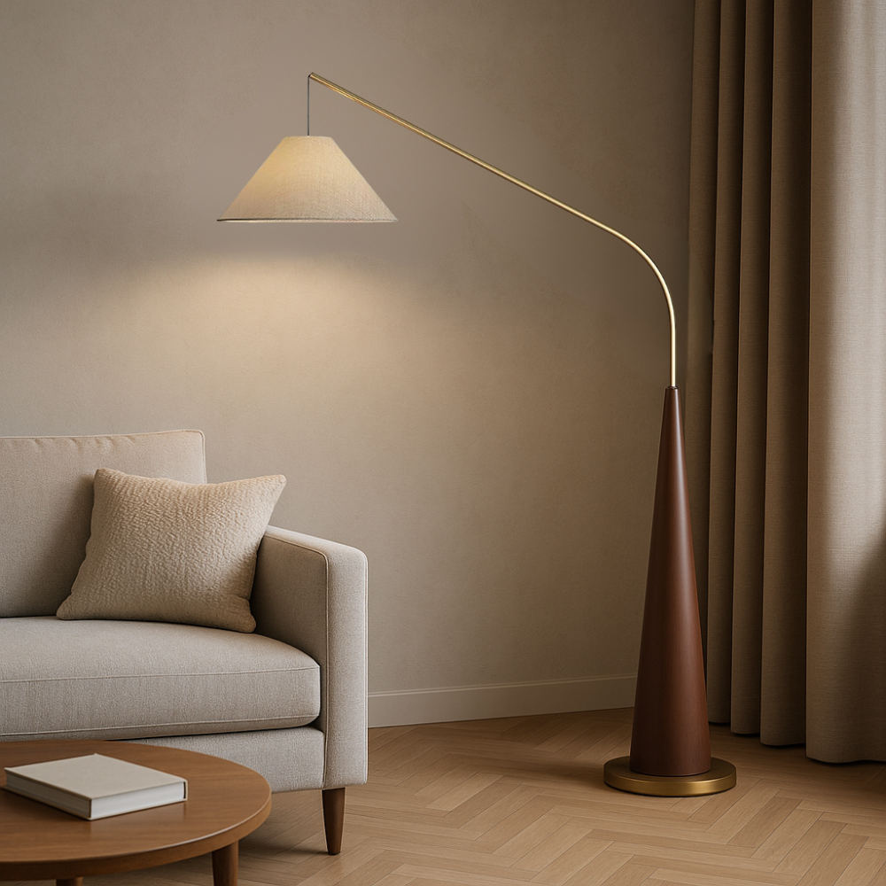 Lytor™ Wooden Arc Floor Lamp – Skandinavische Design-Stehlampe aus Holz mit Stoffschirm