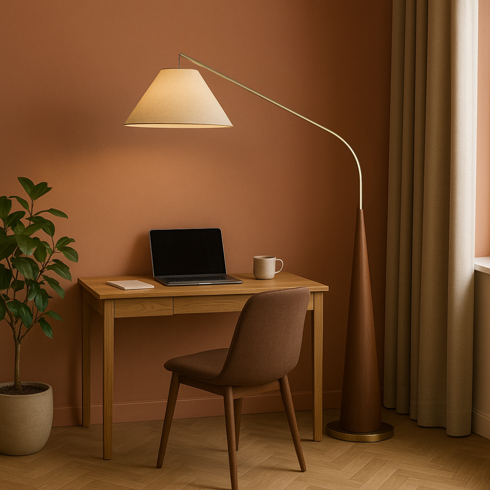 Lytor™ Wooden Arc Floor Lamp – Skandinavische Design-Stehlampe aus Holz mit Stoffschirm