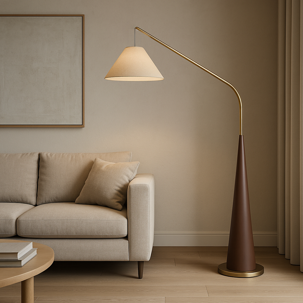 Lytor™ Wooden Arc Floor Lamp – Skandinavische Design-Stehlampe aus Holz mit Stoffschirm