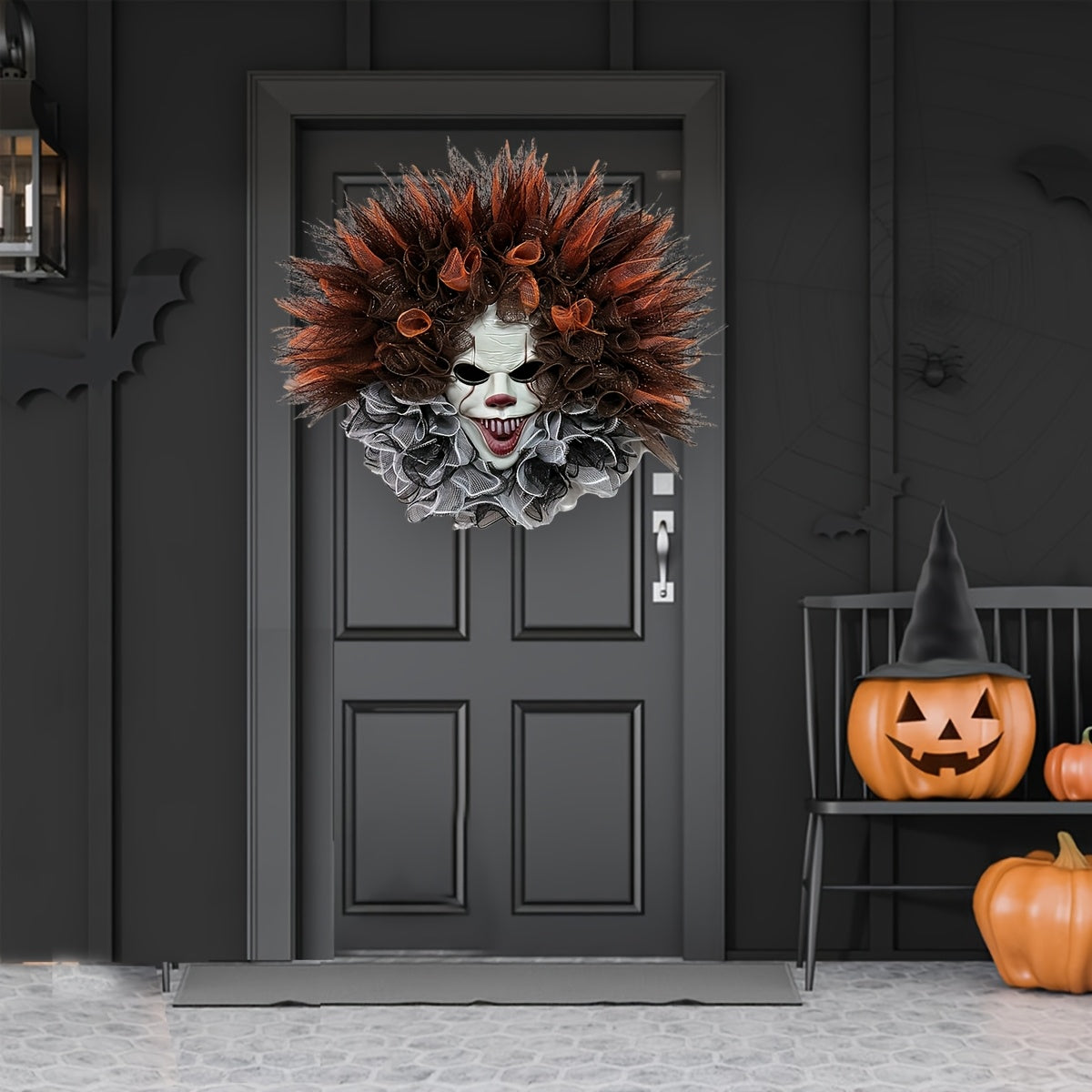 Scary Clown Mesh Wreath™ – Gruseliger Halloween-Türkranz mit Horror-Clown für Haustür & Party