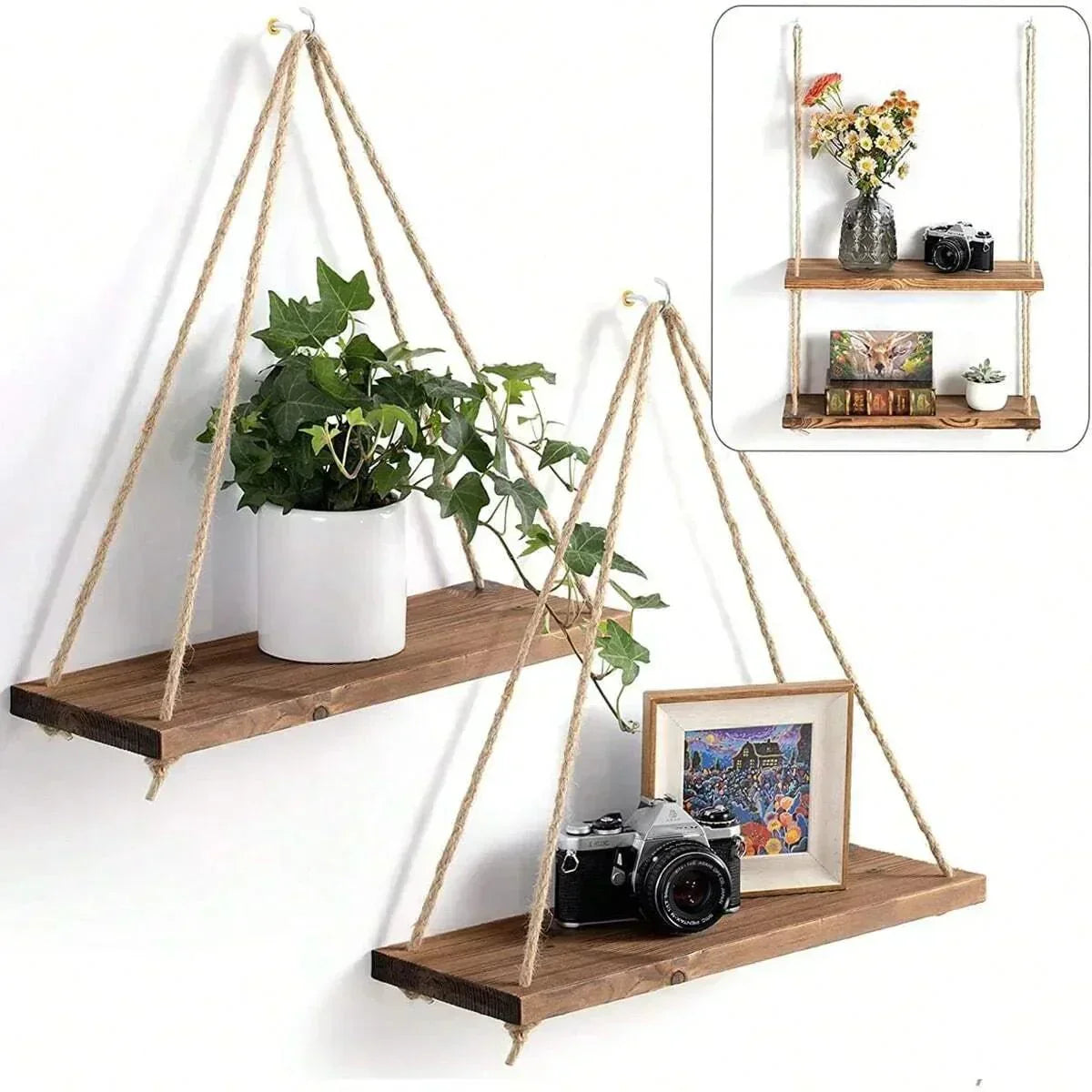 SnapWood™ Wandregal – Hängeregal aus Holz mit Seil für Pflanzen, Fotos & Deko