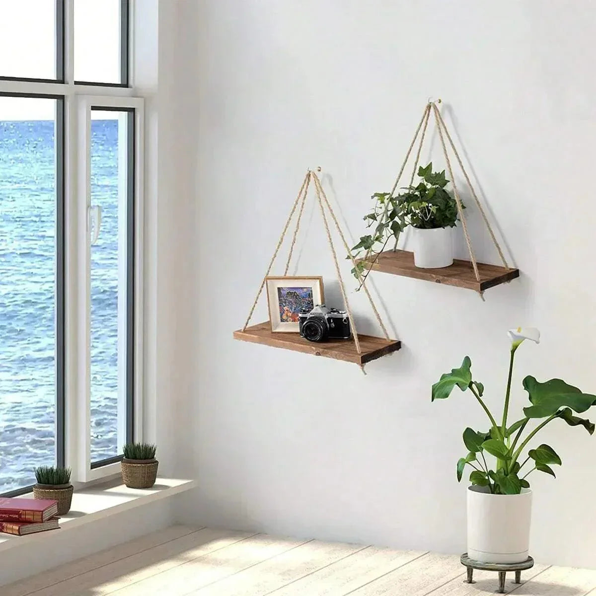 SnapWood™ Wandregal – Hängeregal aus Holz mit Seil für Pflanzen, Fotos & Deko