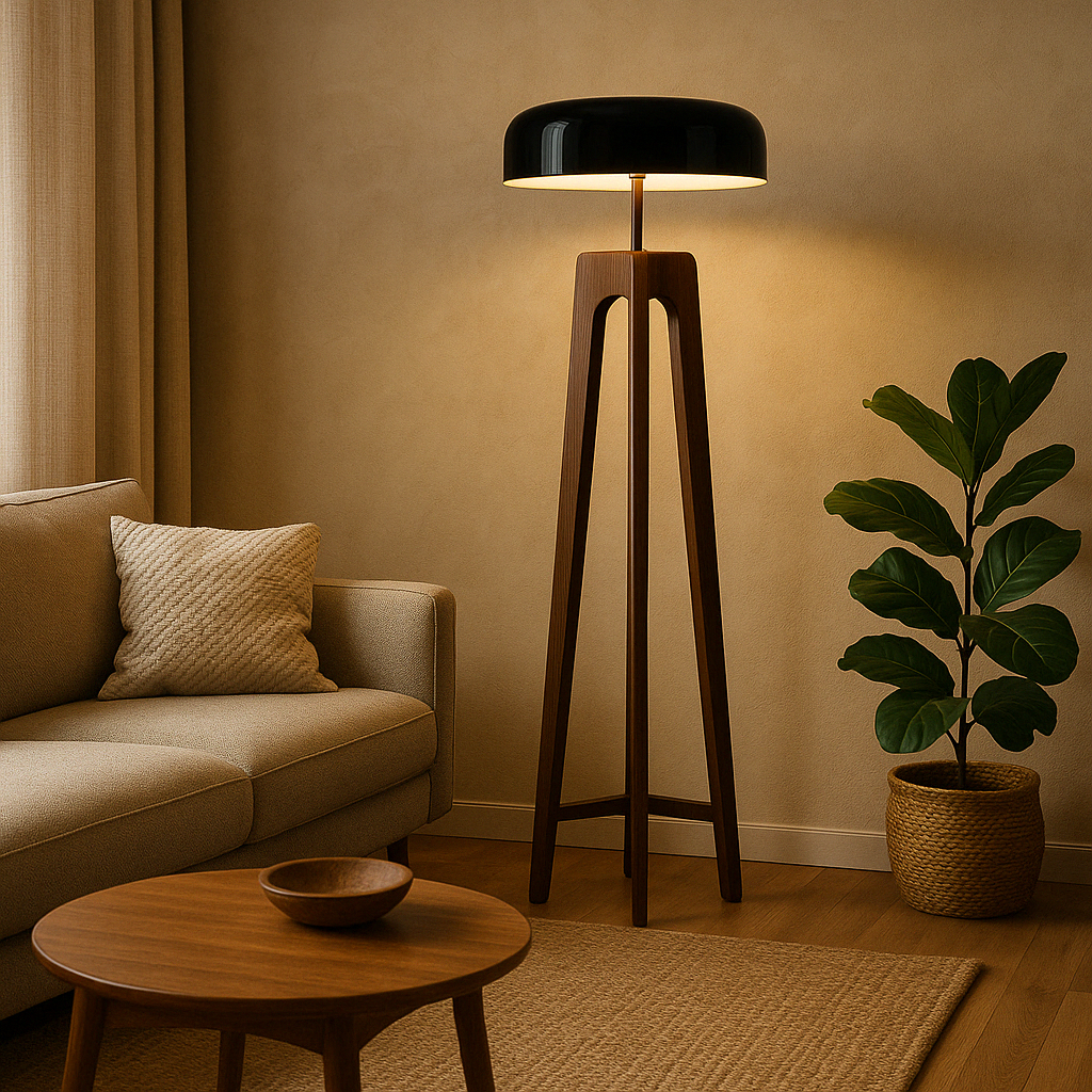SkandiGlow™ Scandinavian Floor Lamp – Minimalistische Tripod-Stehlampe aus Walnussholz