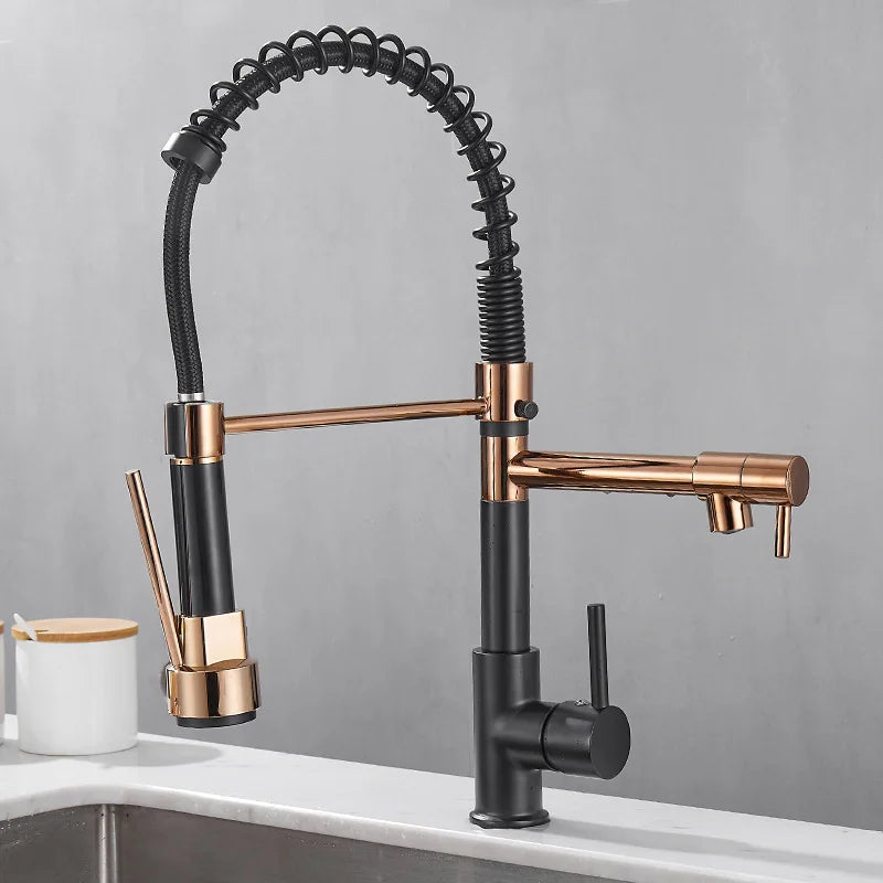 FlowTwin™ Küchenarmatur Schwarz-Gold – Premium Doppel-Auslass Wasserhahn, Messing, Federdesign, 35 cm