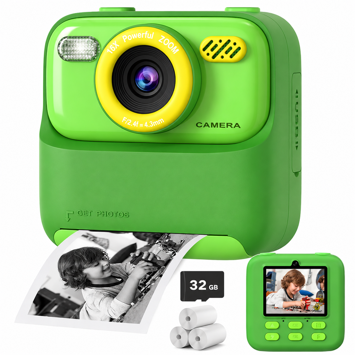 SnapJoy™ Sofortbild Kinderkamera – 1080P HD Selfie Kamera, Sofortdruck, 32GB Speicherkarte
