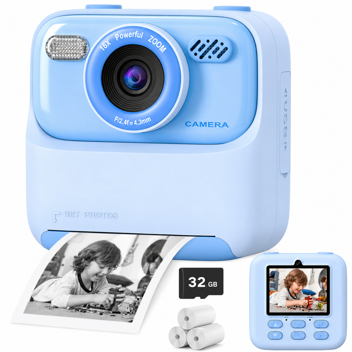 SnapJoy™ Sofortbild Kinderkamera – 1080P HD Selfie Kamera, Sofortdruck, 32GB Speicherkarte