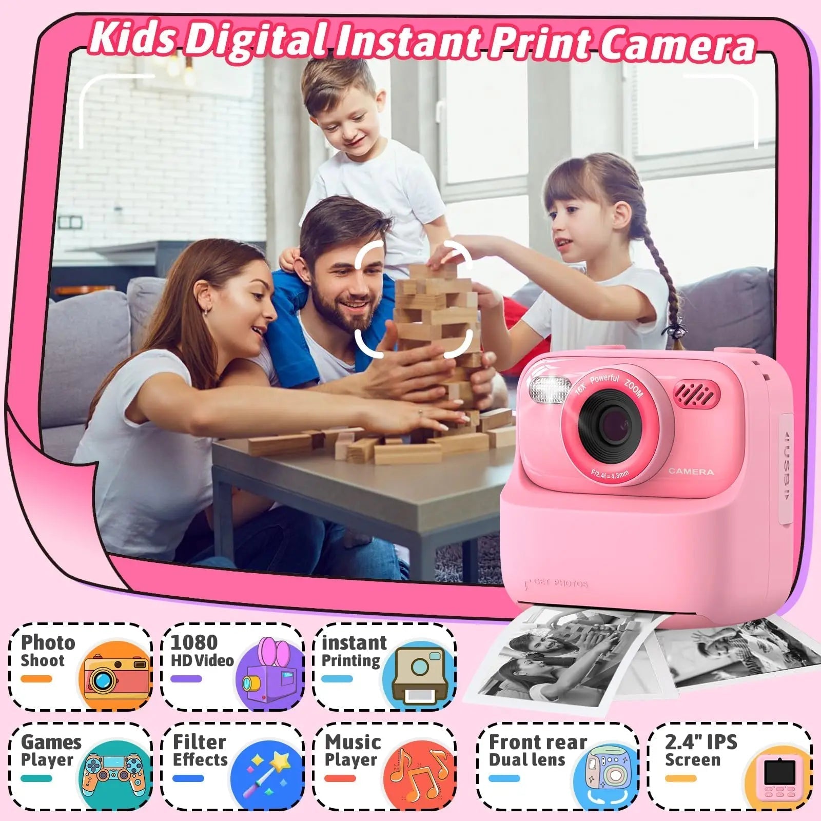 SnapJoy™ Sofortbild Kinderkamera – 1080P HD Selfie Kamera, Sofortdruck, 32GB Speicherkarte