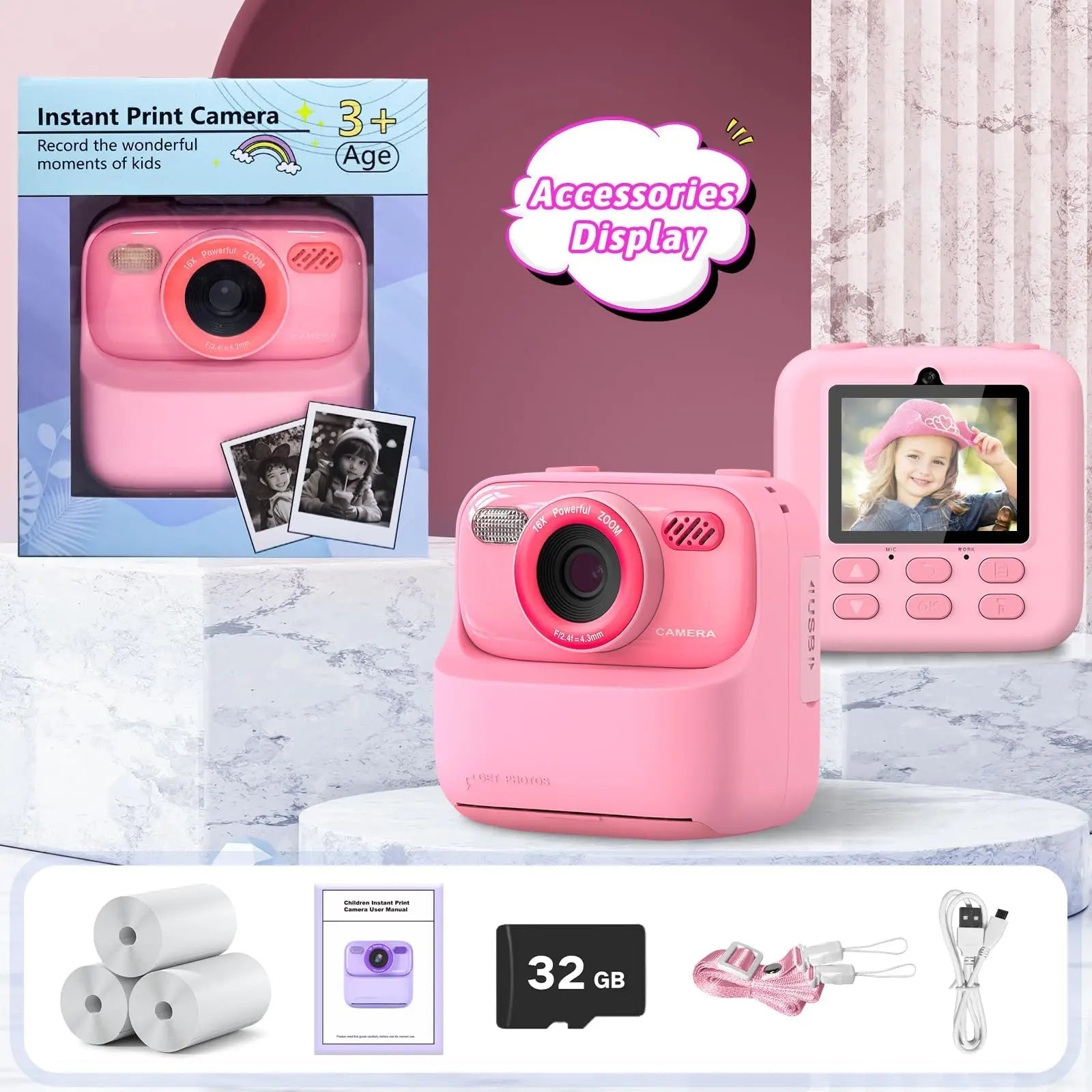 SnapJoy™ Sofortbild Kinderkamera – 1080P HD Selfie Kamera, Sofortdruck, 32GB Speicherkarte