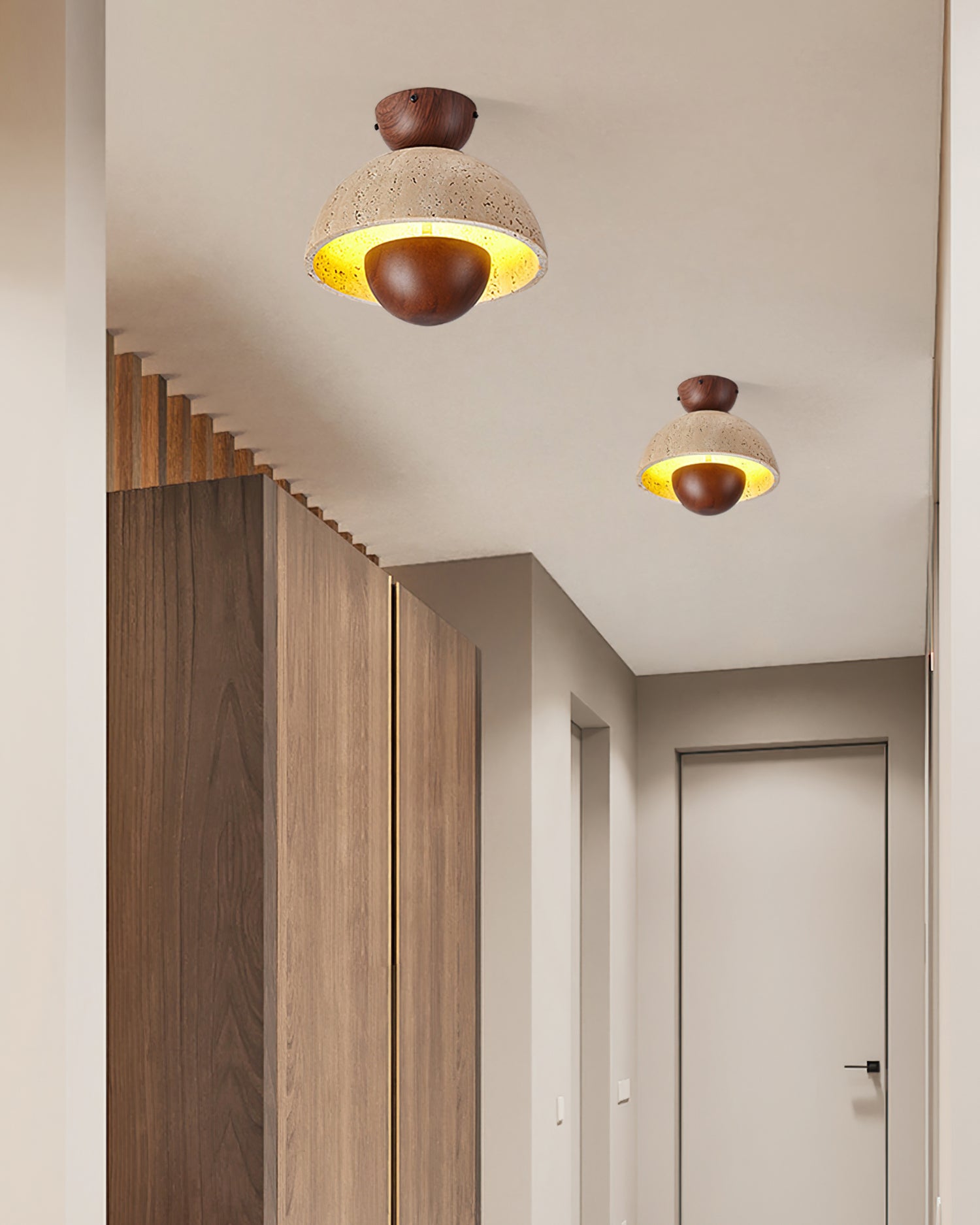 SkylineLuxe™ Deckenleuchte – Elegante LED-Deckenlampe aus Travertin & Holz (warmweiß)
