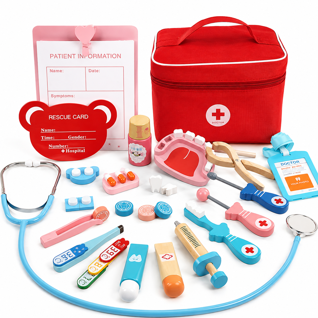 TidyDent™ 24-tlg. Holz Zahnarzt Spielset für Kinder – Arztkoffer aus Holz, Lernspielzeug ab 3 Jahren