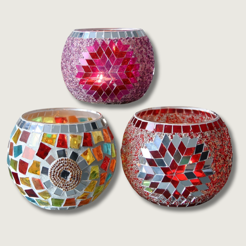 RadiantMosaic™ Teelichthalter Set – Handgefertigte Mosaik-Kerzenhalter aus Glas (3-teilig)