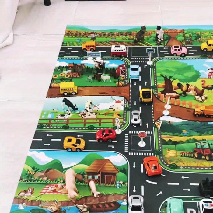 VibrantPlay™ Kinder Spielteppich – Wende-Spielmatte Farm & Verkehr, 130×100 cm, Waschbar & Rutschfest