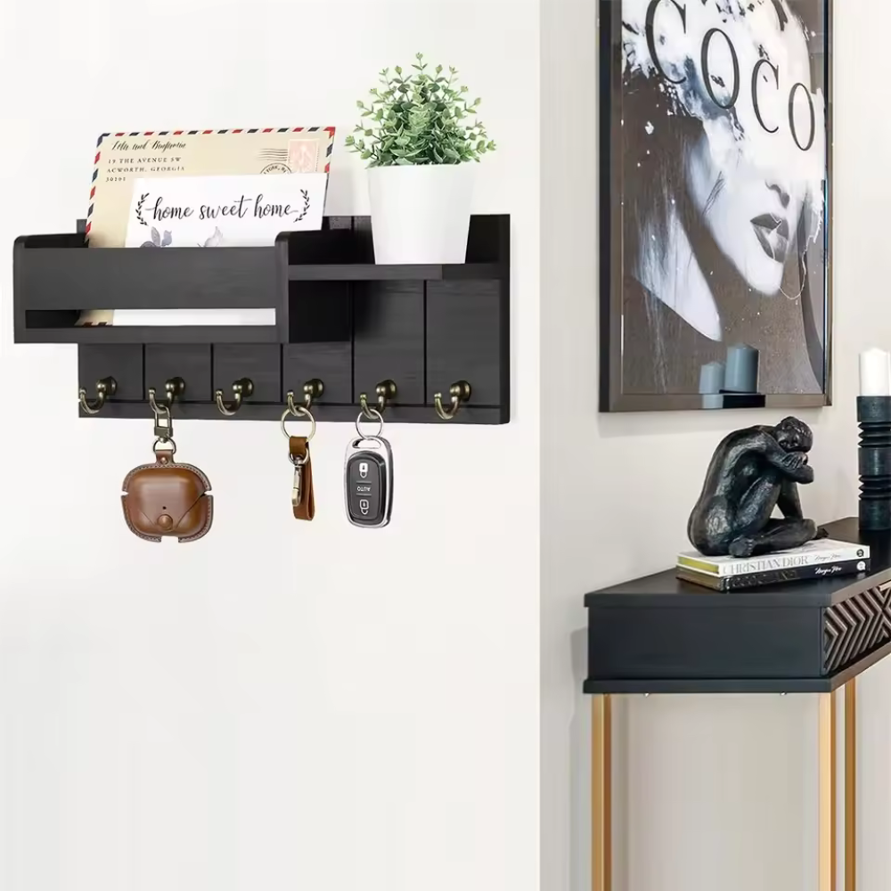 WoodCraft™ – Wandorganizer aus Massivholz mit Ablage & 6 Haken für Schlüssel & Post
