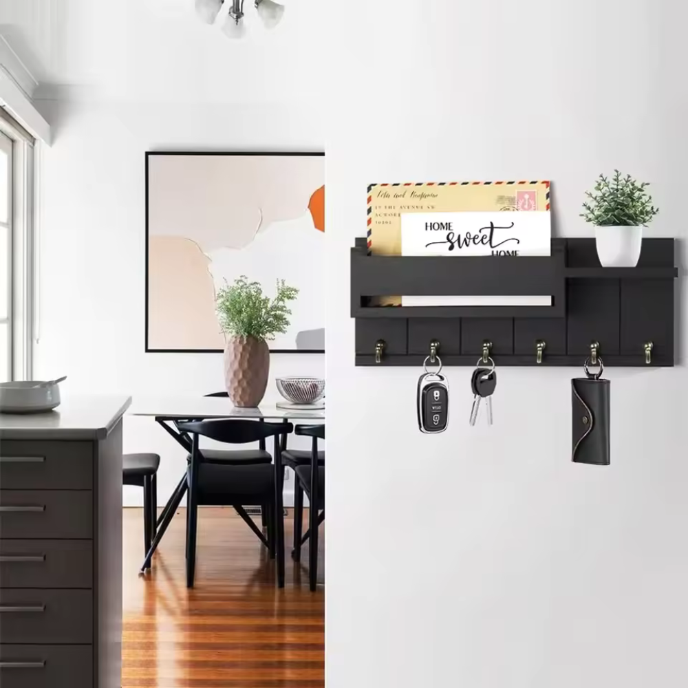 WoodCraft™ – Wandorganizer aus Massivholz mit Ablage & 6 Haken für Schlüssel & Post