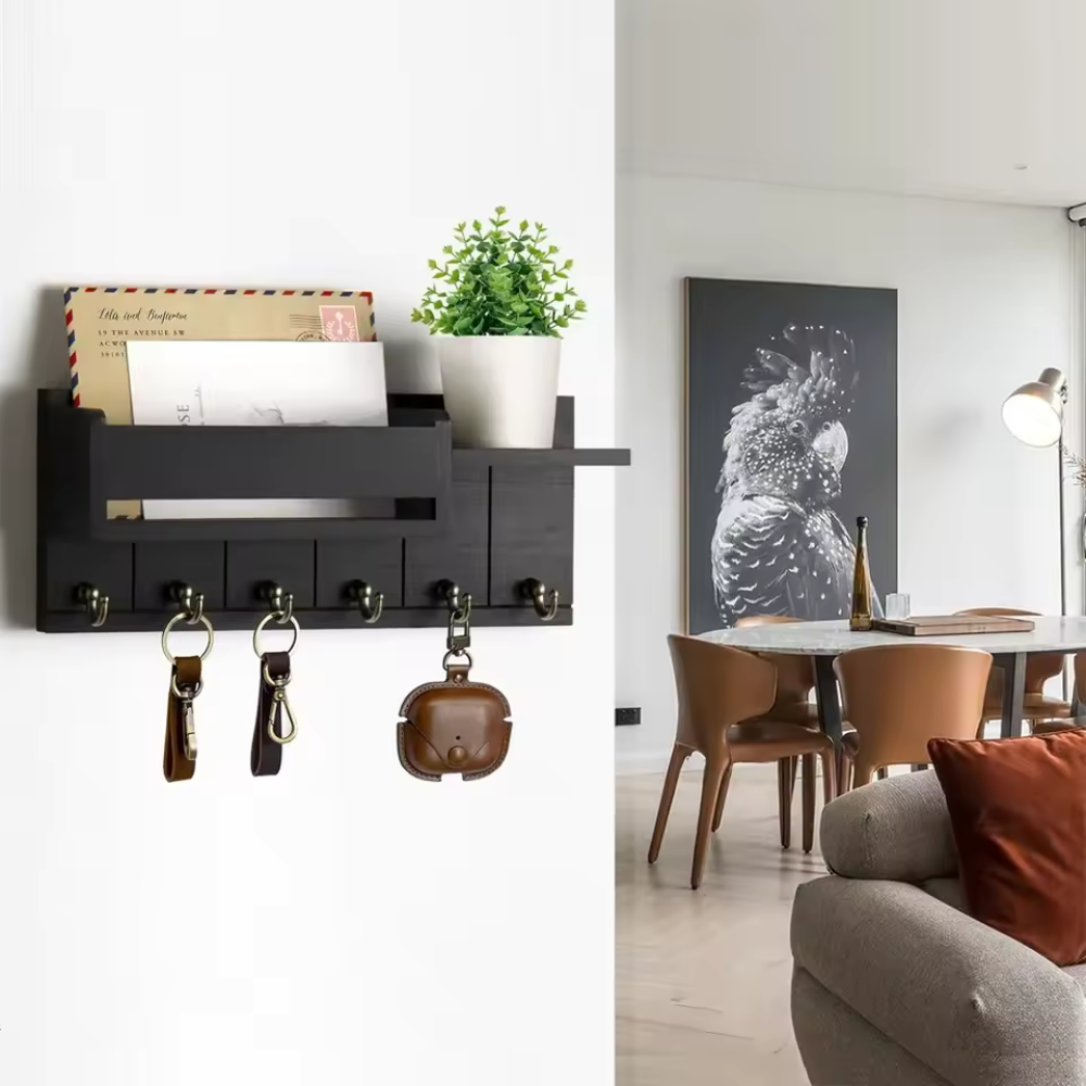 WoodCraft™ – Wandorganizer aus Massivholz mit Ablage & 6 Haken für Schlüssel & Post