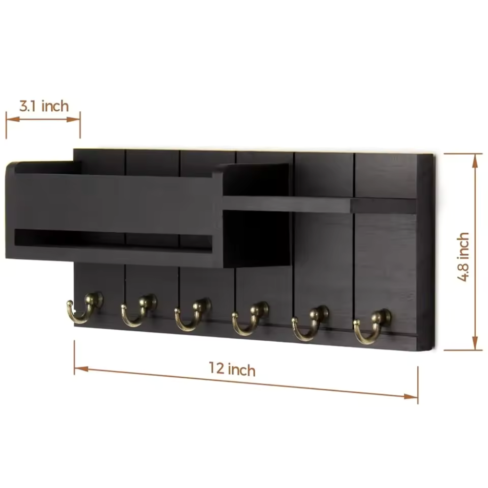WoodCraft™ – Wandorganizer aus Massivholz mit Ablage & 6 Haken für Schlüssel & Post