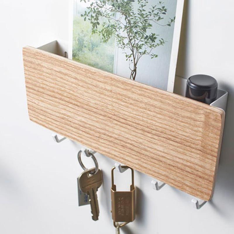WoodenElegance™ – Stilvolle Schlüsselhalter-Wandablage aus Holz mit farbigen Haken