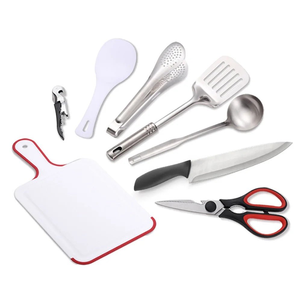 9 - teiliges Camping Kochset – Tragbares Edelstahl Campinggeschirr Set mit Besteck & Tasche - Less Goods