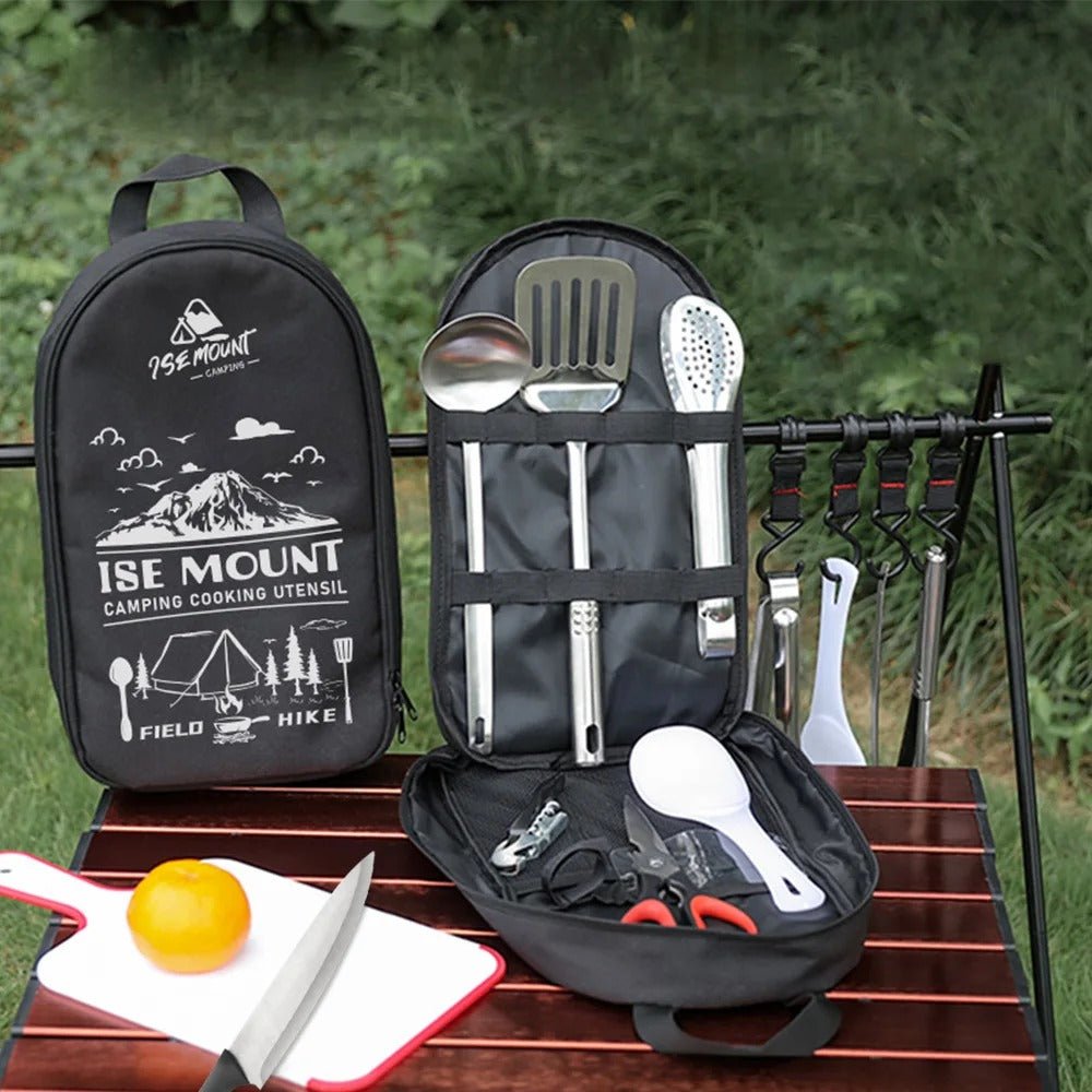 9 - teiliges Camping Kochset – Tragbares Edelstahl Campinggeschirr Set mit Besteck & Tasche - Less Goods