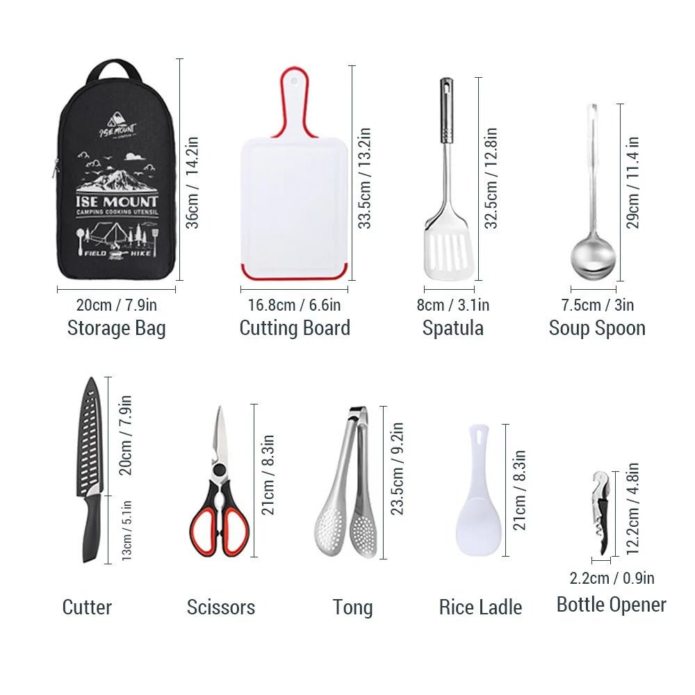 9 - teiliges Camping Kochset – Tragbares Edelstahl Campinggeschirr Set mit Besteck & Tasche - Less Goods