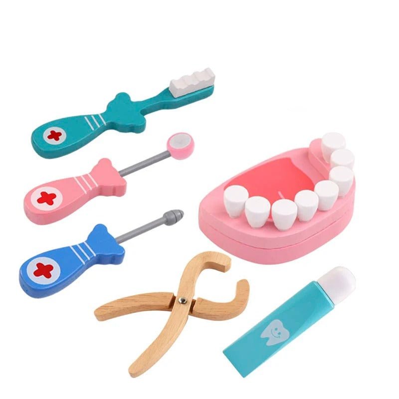 (24 - tlg. Set) Holz Kinder Spielzeug Zahnarzt Koffer Doktor Zubehör Lern Spielset mit Stethoskop / Thermometer / Spritze - Less Goods