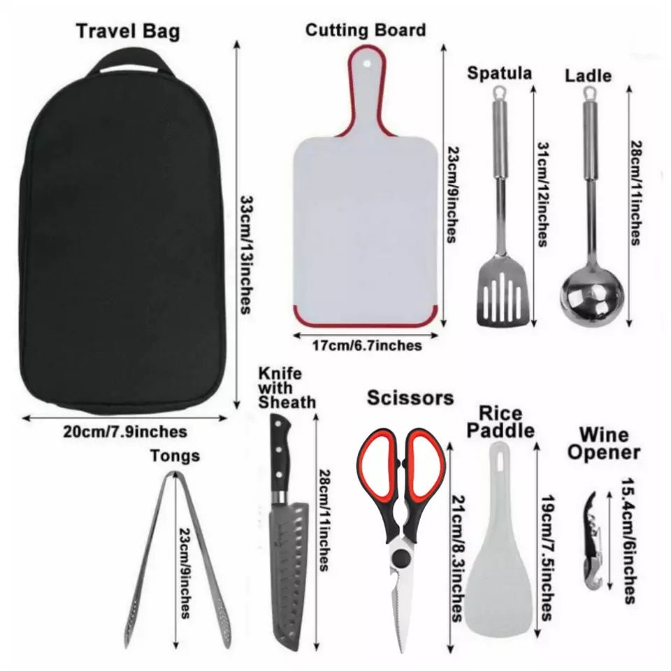 Camping Kochset – 8 - teiliges Camping Geschirr Set mit Besteck und Tragetasche - Less Goods