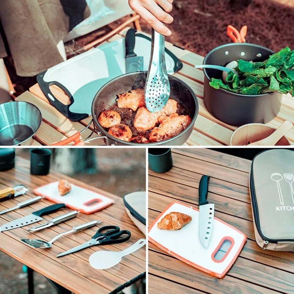 Camping Kochset – 8 - teiliges Camping Geschirr Set mit Besteck und Tragetasche - Less Goods