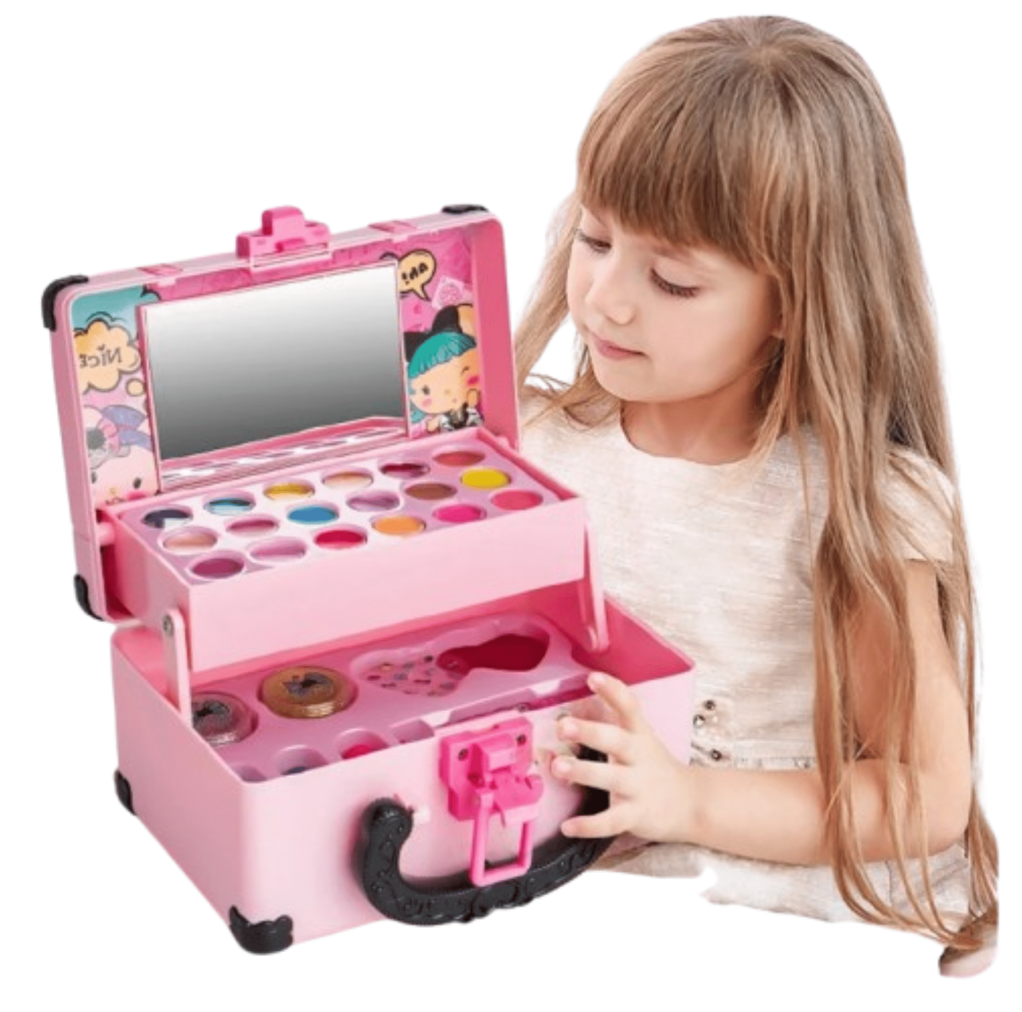 Kinderschminke Spielset – Waschbare Kinder - Kosmetik für Mädchen | Prinzessinnen Make - Up Set mit Lidschatten, Lippenstift & Tragetasche - Less Goods