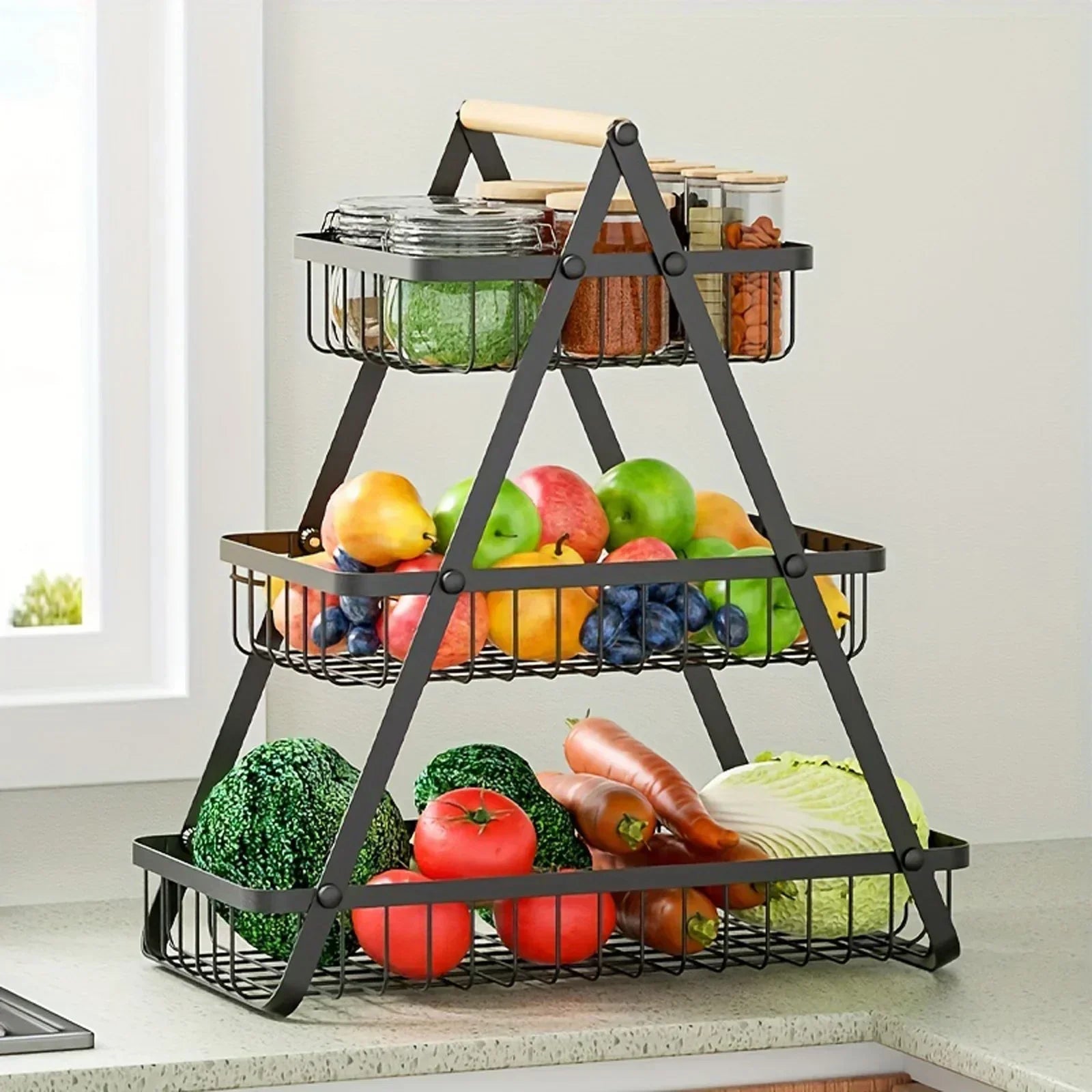 CascadeCharm™ – Moderner 3-stufiger Obstkorb aus Stahl | Platzsparende Küchenorganisation