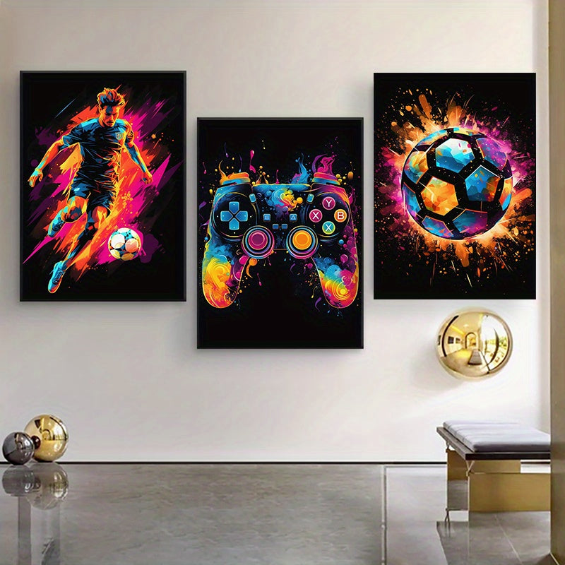 PixelPower™ Leinwand Poster Set – Modernes 3-teiliges Gaming & Fußball Wandbild (Canvas)