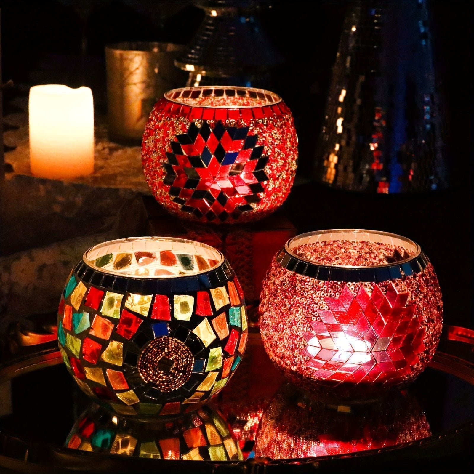 RadiantMosaic™ Teelichthalter Set – Handgefertigte Mosaik-Kerzenhalter aus Glas (3-teilig)