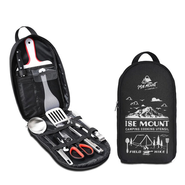 9-teiliges Camping Kochset – Tragbares Edelstahl Campinggeschirr Set mit Besteck & Tasche