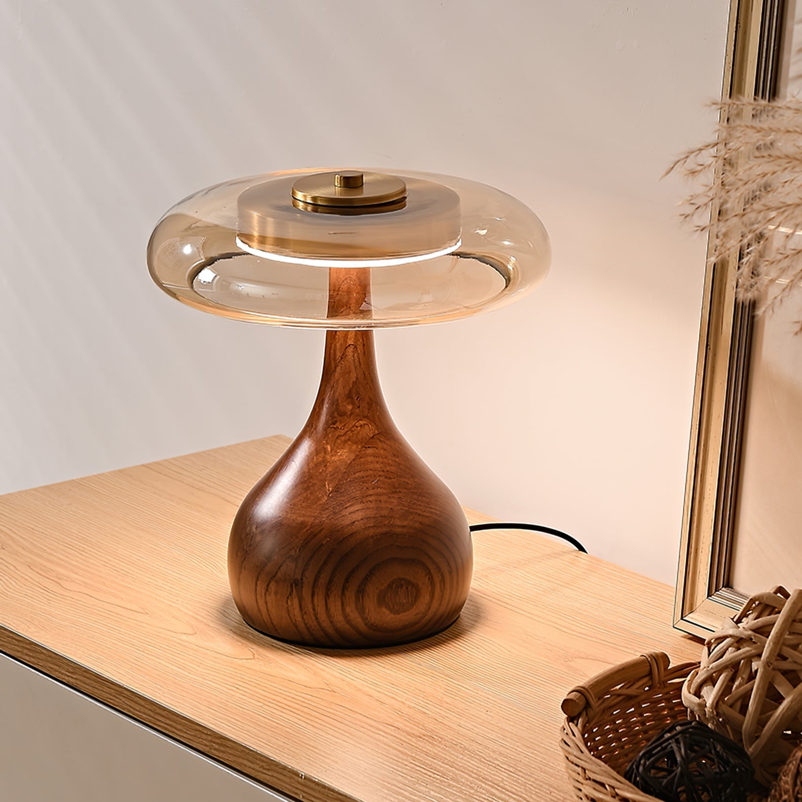 LumiWood™ Tischlampe – Elegante LED-Designlampe aus Holz & Messing mit 3 Lichtfarben