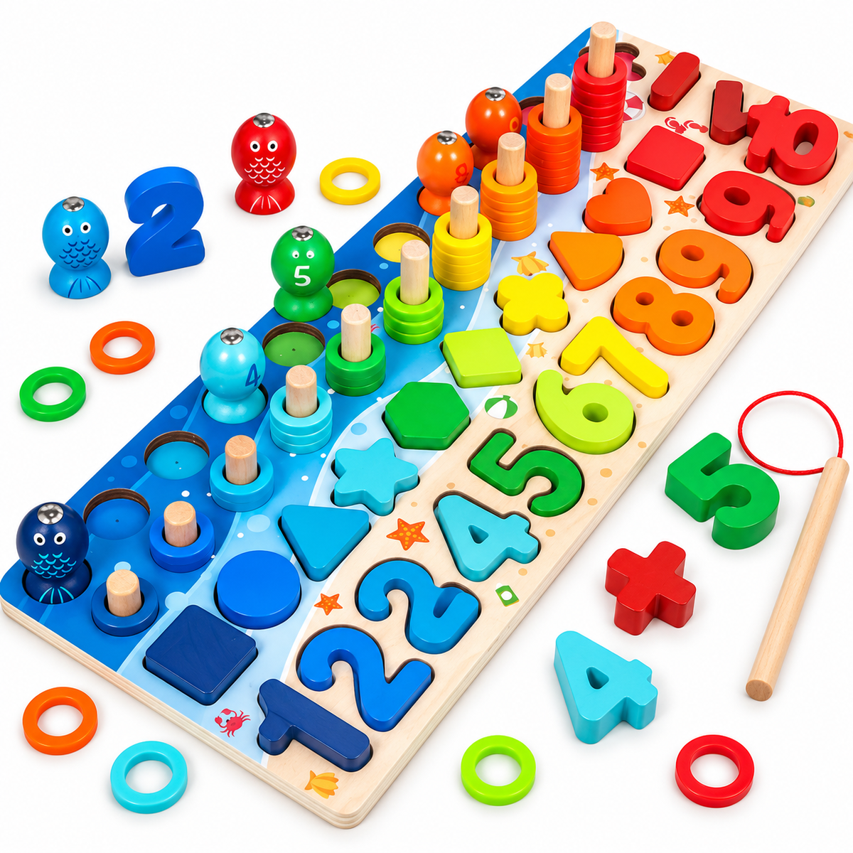 Beechwood Wonders™ Montessori Lernspiel – Holzpuzzle mit Zahlen, Formen & Magnet-Angelspiel