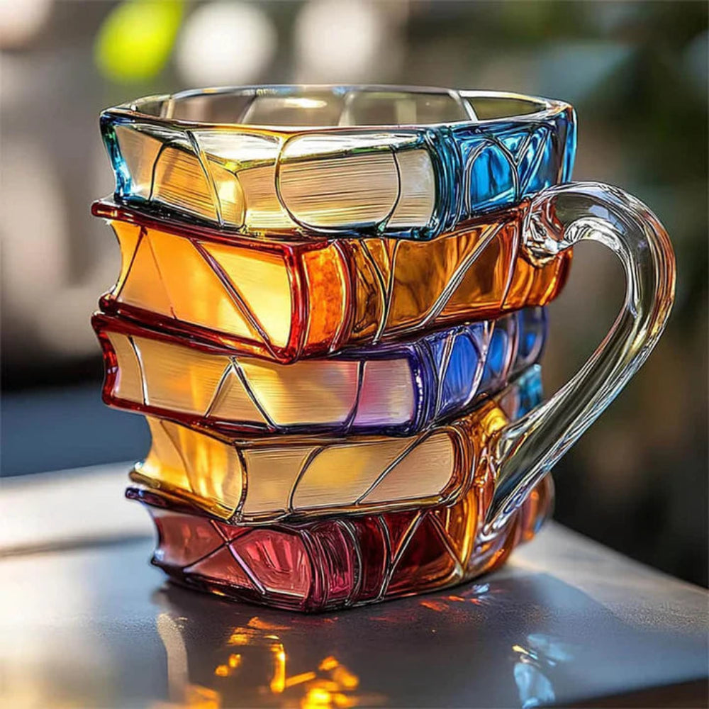 BiblioBrew™ – Glas-Kaffeetasse mit 3D-Buchdesign | Kreativer Becher für Buchliebhaber