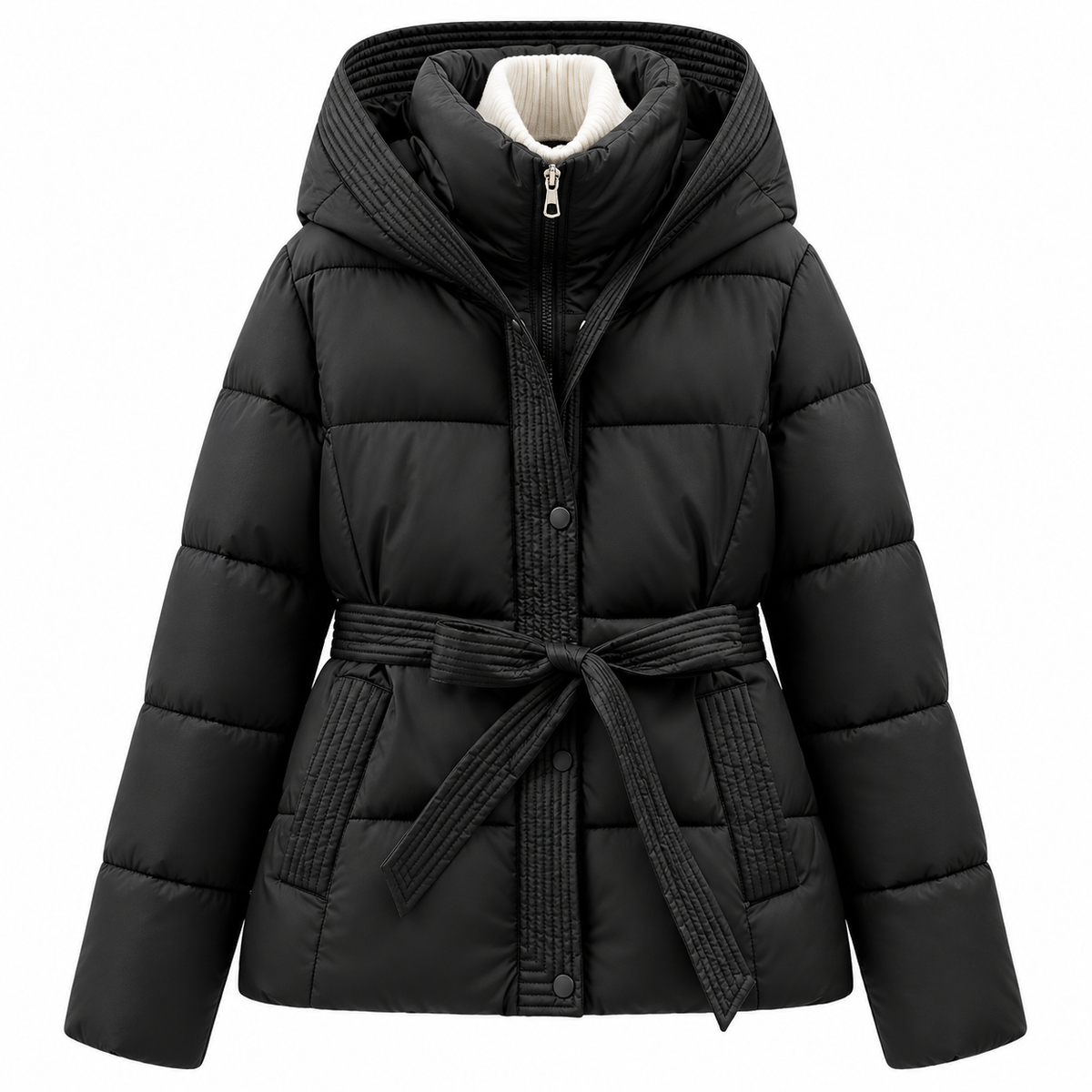 Philomena™ Damen Steppjacke – Gepolsterte Winterjacke mit Taillengürtel & Kapuze