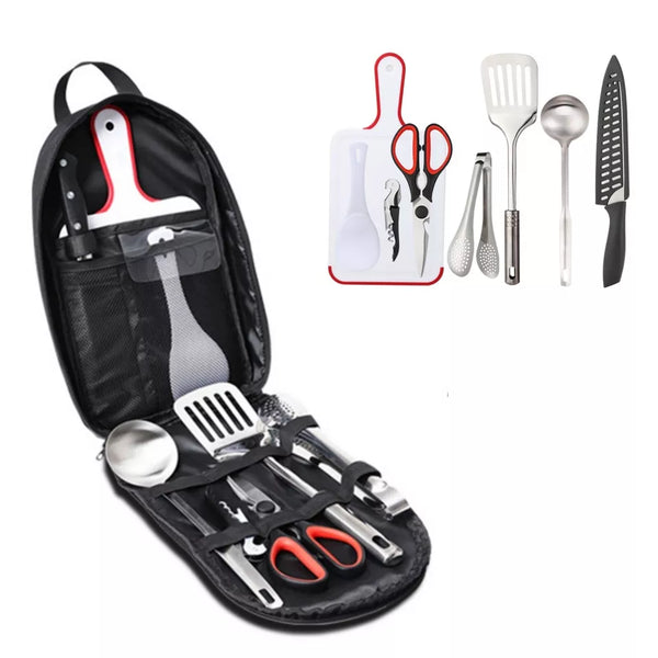 Camping Kochset – 8-teiliges Camping Geschirr Set mit Besteck und Tragetasche